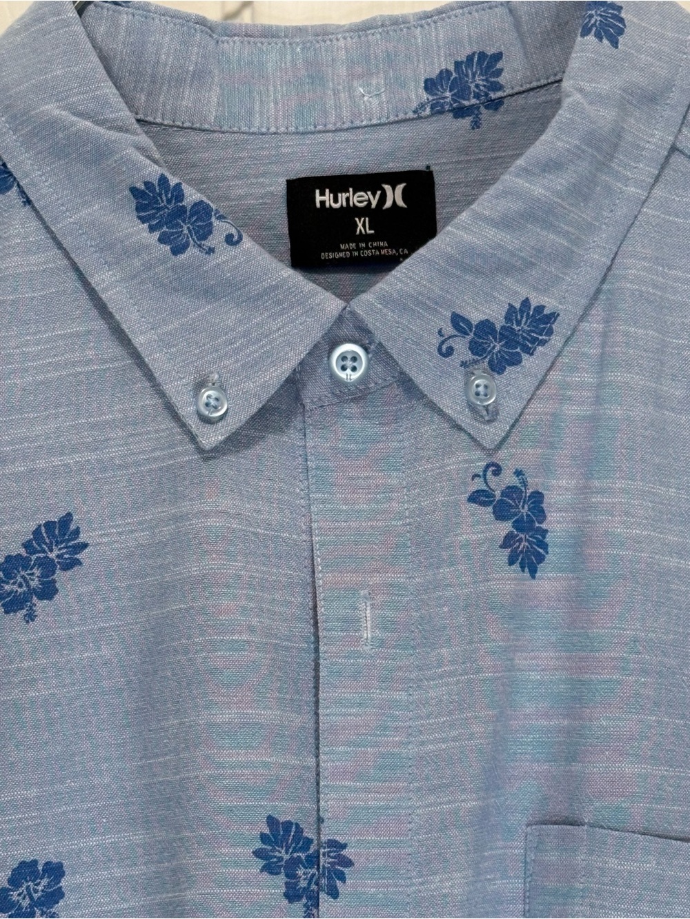 Hurley Light Blue Short-Sleeve Button-Down with Navy Floral Print